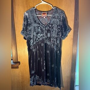 JOHNNY WAS Dylan Blue Velvet Boho Embroidered Tunic Dress XS